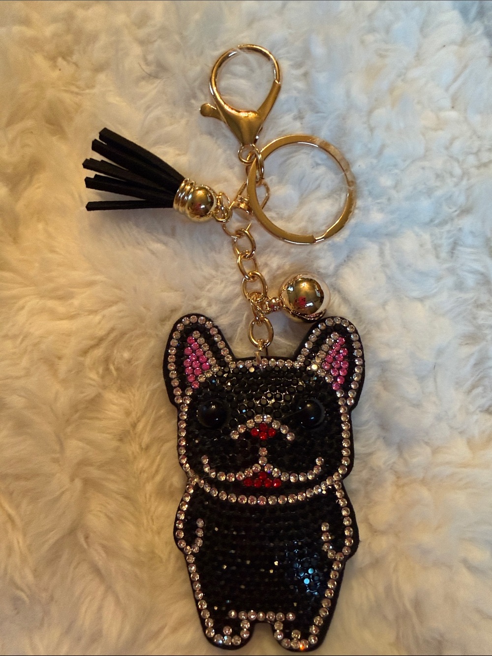 Black Rhinestone French Bulldog Keychain with Pink Accents